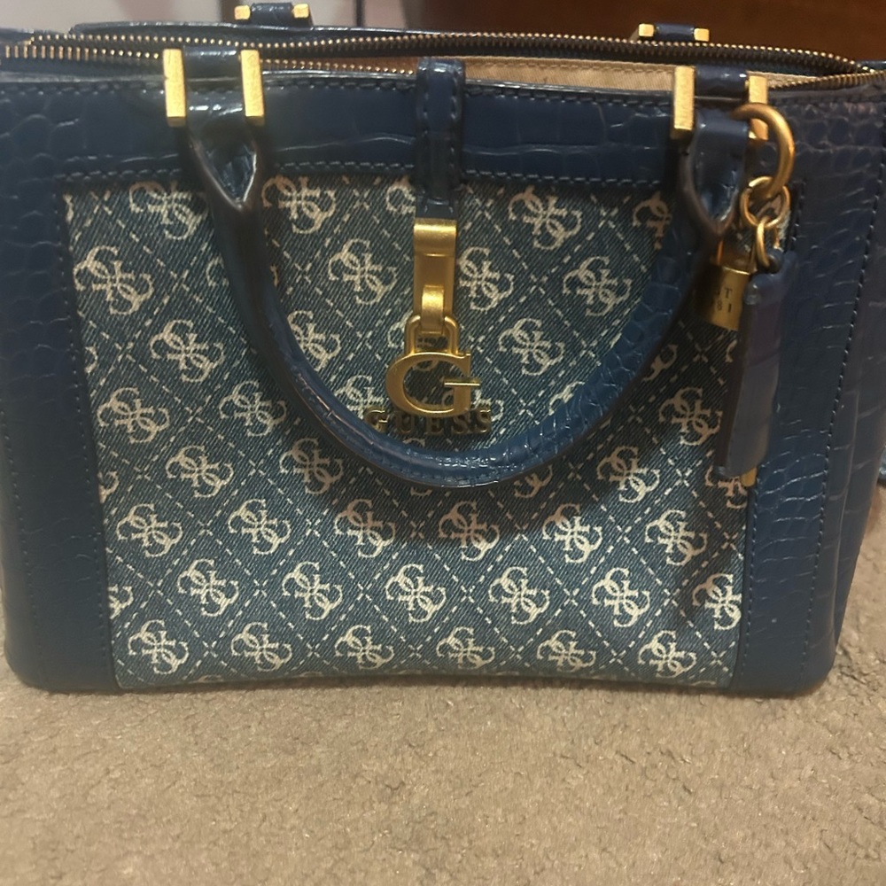 GUESS Navy and Gold Monogram Satchel